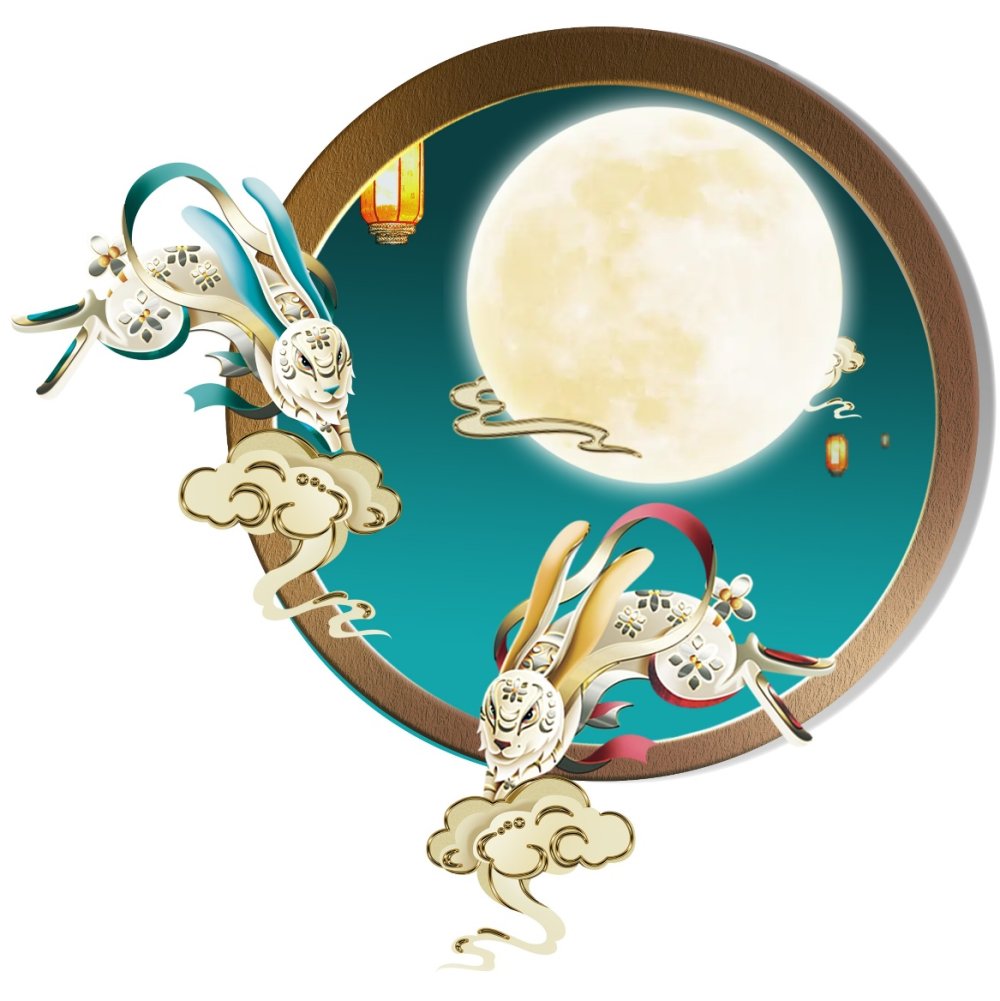 A circular frame with a moon and rabbits

Description automatically generated